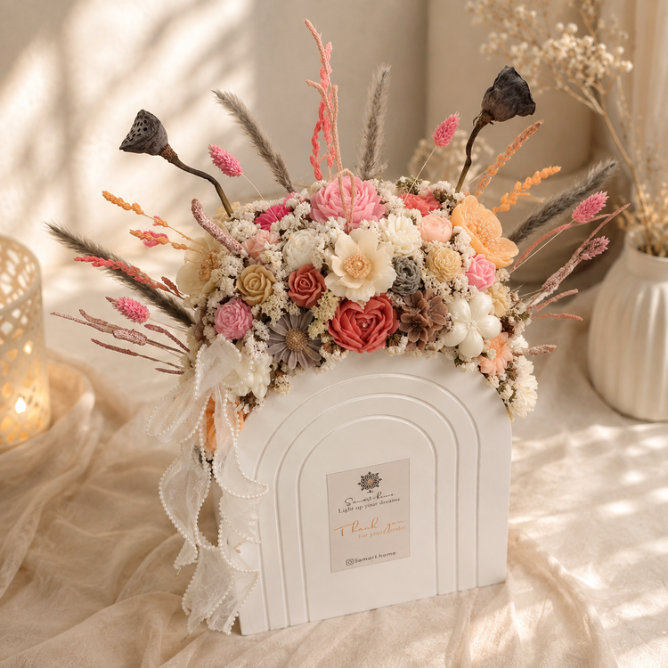 باکس بزرگ چوبی گل شمع معطر و دستساز تِم کرم گلبهی - خرید مستقیم از تولیدکننده